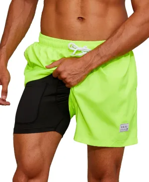 Mens Swim Trunks with Compression Liner Quick Dry Board Shorts 3.5'' Bathing Suits with Zipper Pockets