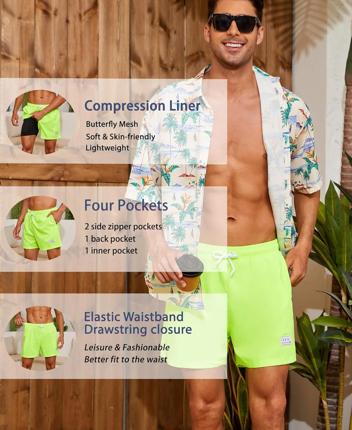 Mens Swim Trunks with Compression Liner Quick Dry Board Shorts 3.5'' Bathing Suits with Zipper Pockets