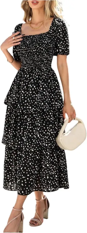 Midi Dresses for Women 2025 Smocked Floral Tiered Maxi Dress Empire Waist Casual Flowy Long Dresses with Sleeves