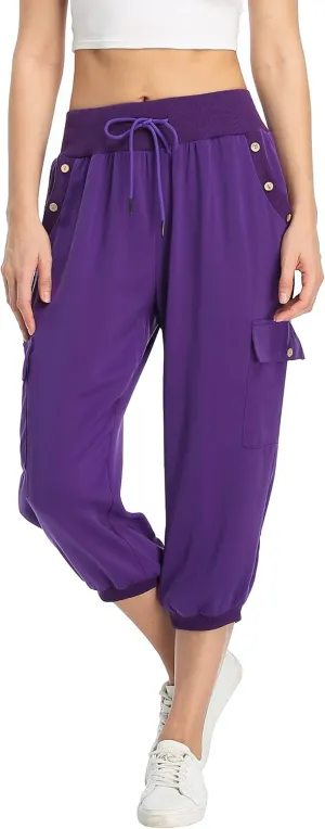 MISS MOLY Women's Cargo Capris Travel Pants Button Decor Summer Loose Harem Sweatpants Stylish Soft with Pockets