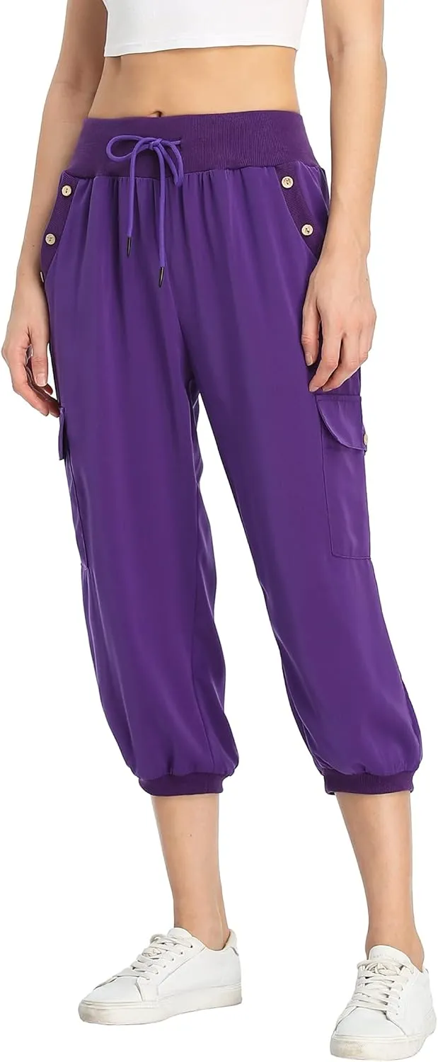 MISS MOLY Women's Cargo Capris Travel Pants Button Decor Summer Loose Harem Sweatpants Stylish Soft with Pockets