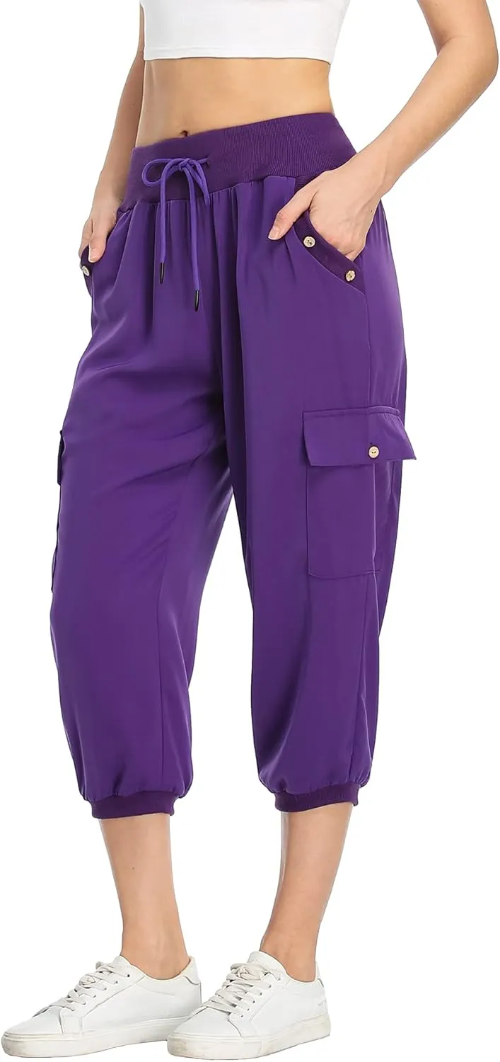 MISS MOLY Women's Cargo Capris Travel Pants Button Decor Summer Loose Harem Sweatpants Stylish Soft with Pockets