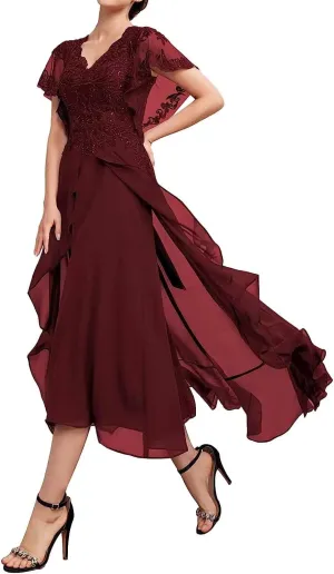 Mother of The Bride Dresses for Women Lace Applique Chiffon Ruffle Sleeve V Neck Formal Evening Dress for Wedding