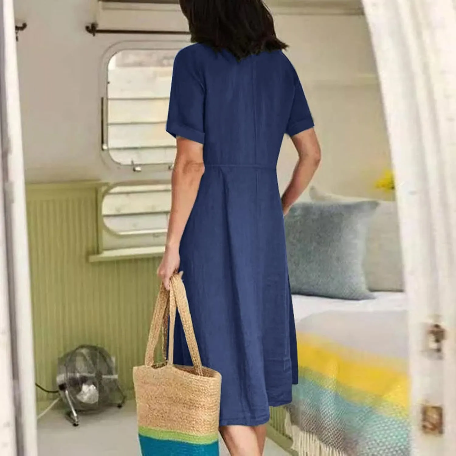 NaRHbrg Women's Button Down Linen Dress V-Neck Short Sleeve A-Line Casual Loose Fit Summer Midi Dresses Sundress