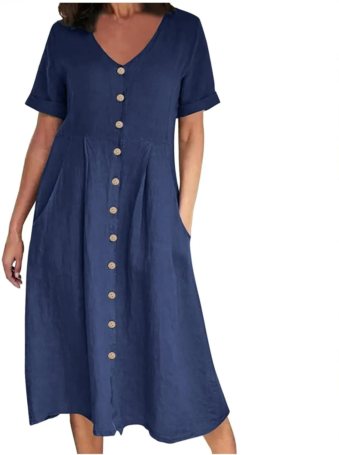 NaRHbrg Women's Button Down Linen Dress V-Neck Short Sleeve A-Line Casual Loose Fit Summer Midi Dresses Sundress