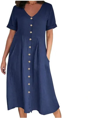 NaRHbrg Women's Button Down Linen Dress V-Neck Short Sleeve A-Line Casual Loose Fit Summer Midi Dresses Sundress