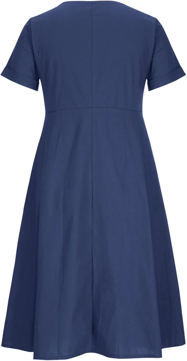 NaRHbrg Women's Button Down Linen Dress V-Neck Short Sleeve A-Line Casual Loose Fit Summer Midi Dresses Sundress