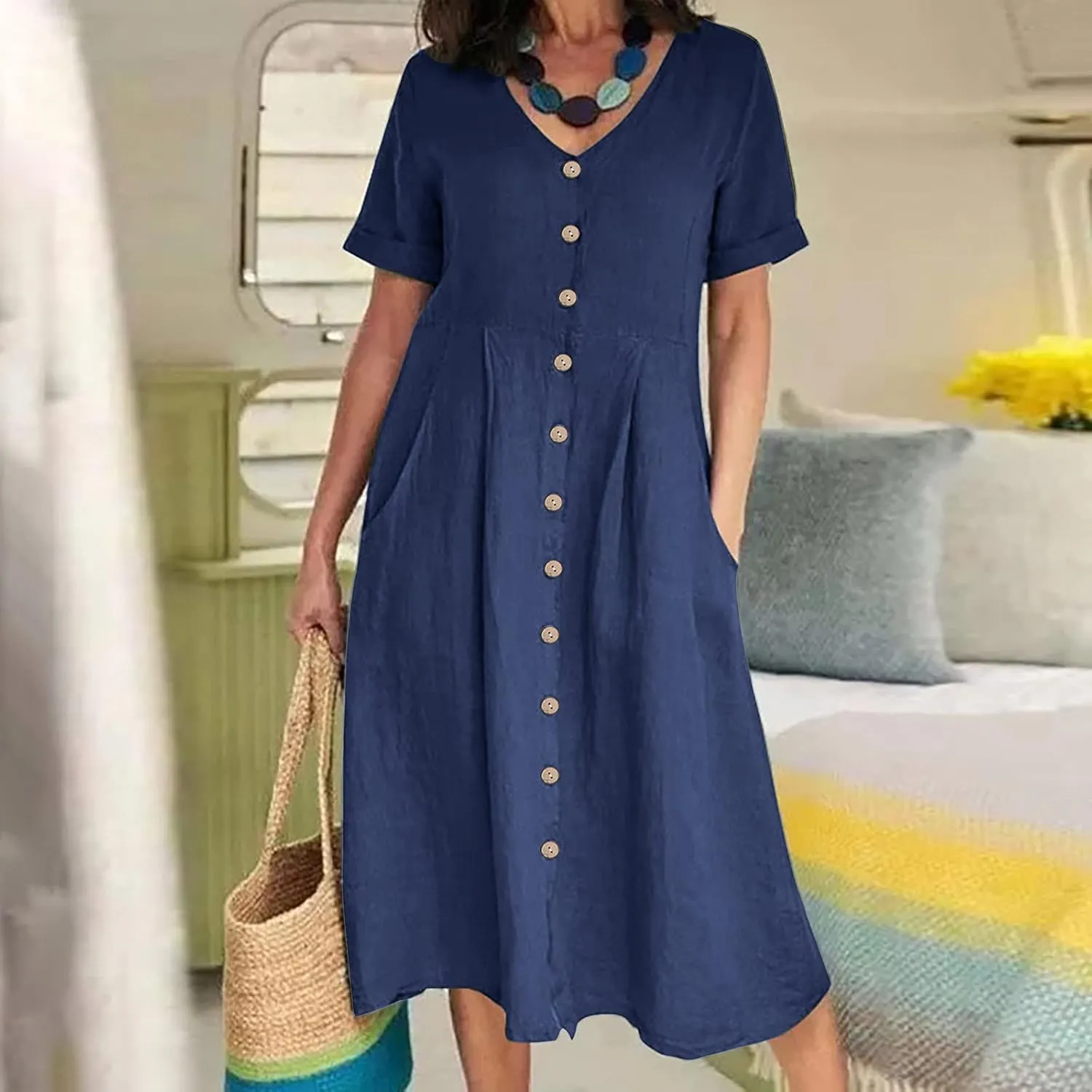 NaRHbrg Women's Button Down Linen Dress V-Neck Short Sleeve A-Line Casual Loose Fit Summer Midi Dresses Sundress