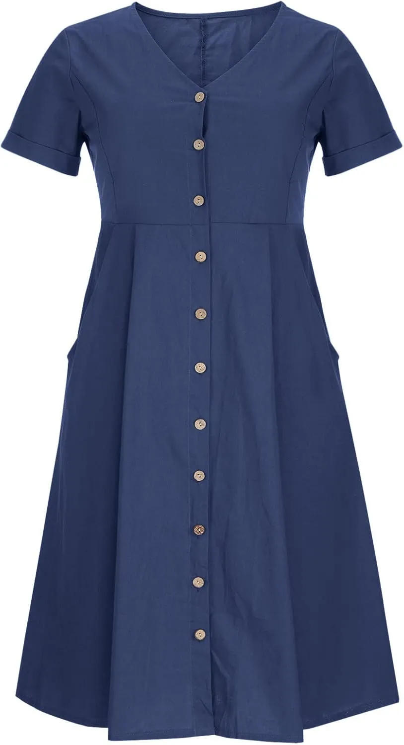 NaRHbrg Women's Button Down Linen Dress V-Neck Short Sleeve A-Line Casual Loose Fit Summer Midi Dresses Sundress