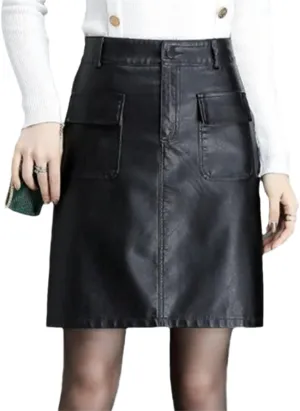Office Midi Skirts Women Leather Maxi Skirt High Waist Pocket Skirts