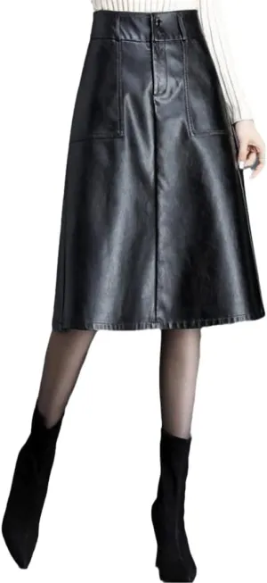 Office Midi Skirts Women Leather Maxi Skirt High Waist Pocket Skirts
