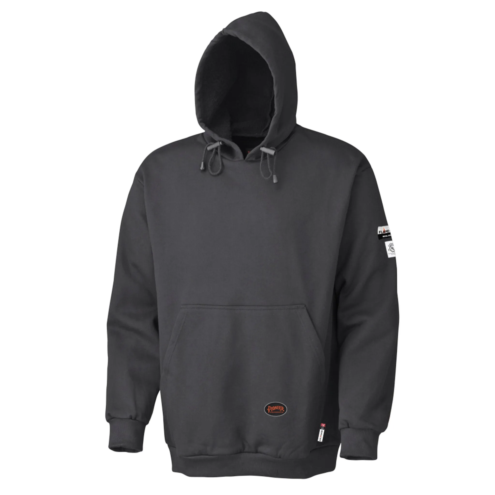 Pioneer Men's Flame Resistant Pullover Hoodie - HRC 2, 12 oz FR Cotton, Flame-Gard, Black, Attached Hood, Heavyweight Safety Workwear | Sizes S-7XL