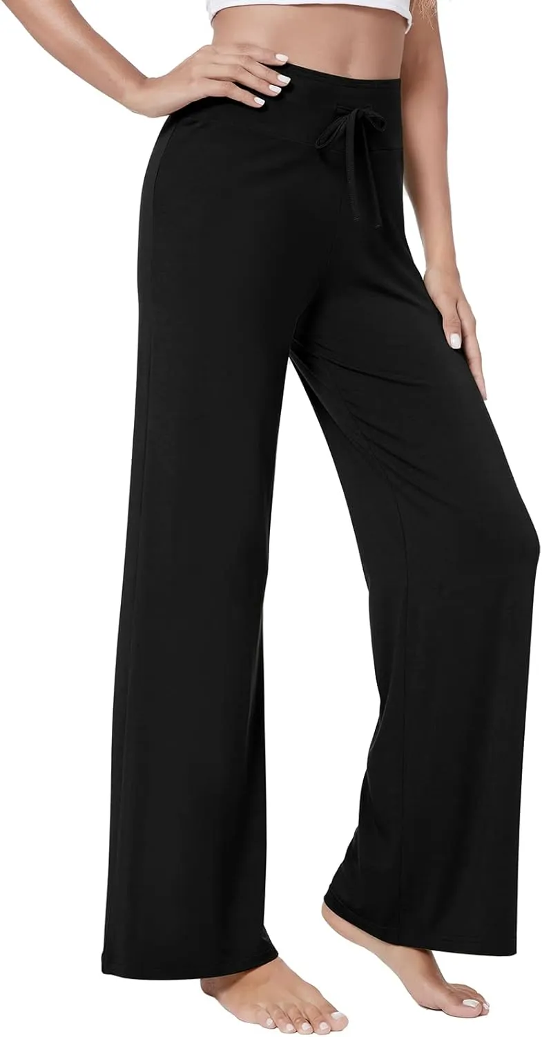 QUALFORT Women's Pants Soft Wide Leg Pants Stretchy Casual Bottoms Soft Pajama Pants
