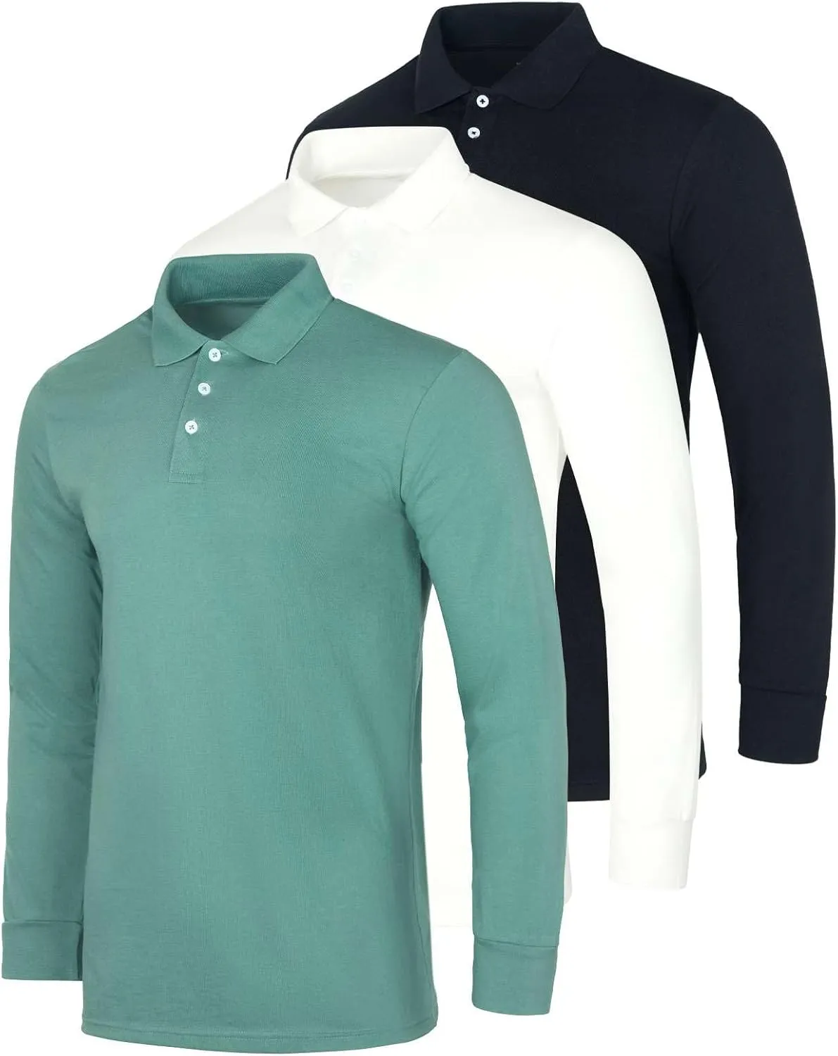 Real Essentials 3 Pack Men's Cotton Jersey Long-Sleeve Polo Shirt - Casual Workwear Office (Available in Big & Tall)