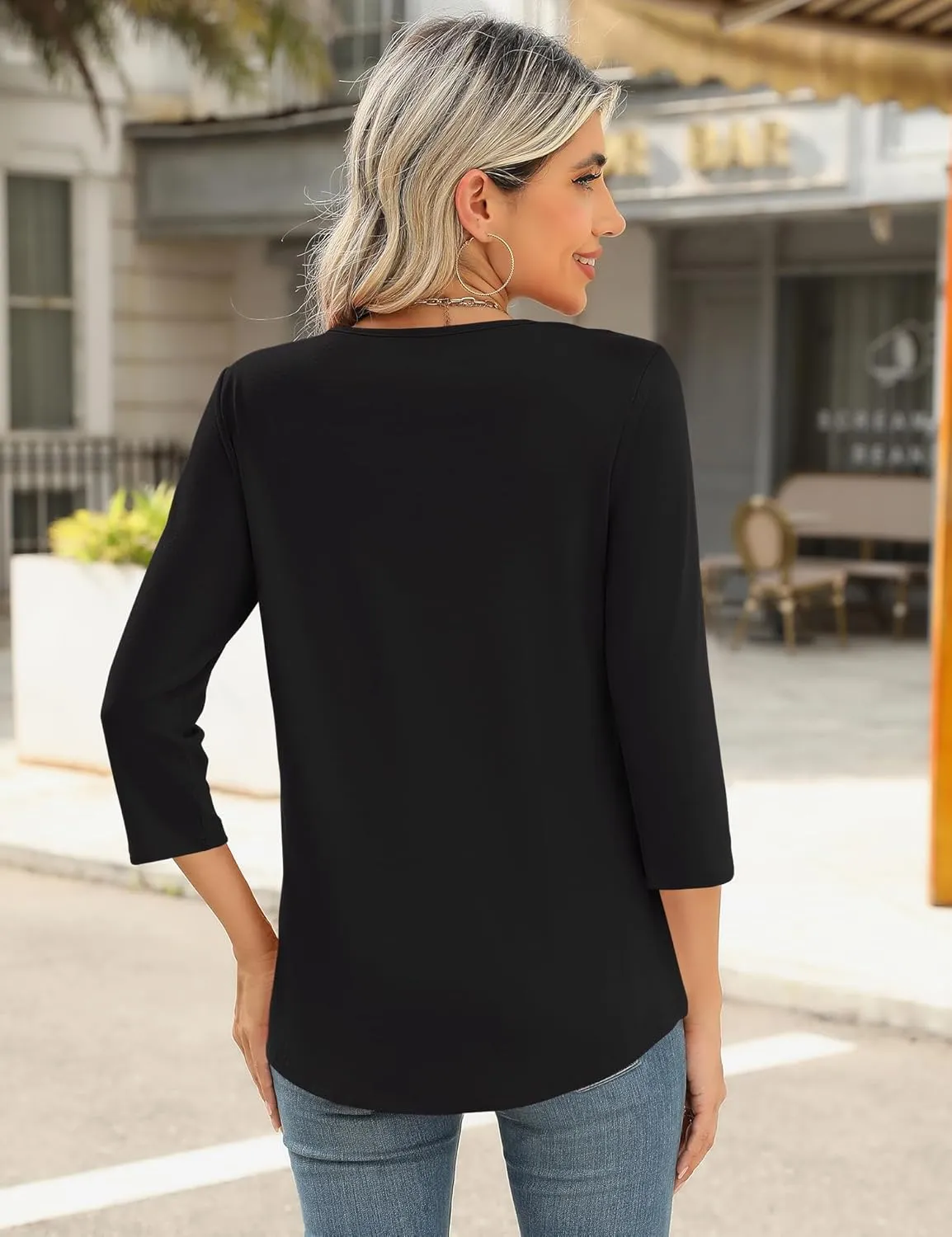 Romanstii 3/4 Length Sleeve Womens Tops Keyhole Crewneck Shirts Business Dressy Casual Tunic Blouses Summer Basic Tees
