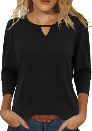 Romanstii 3/4 Length Sleeve Womens Tops Keyhole Crewneck Shirts Business Dressy Casual Tunic Blouses Summer Basic Tees