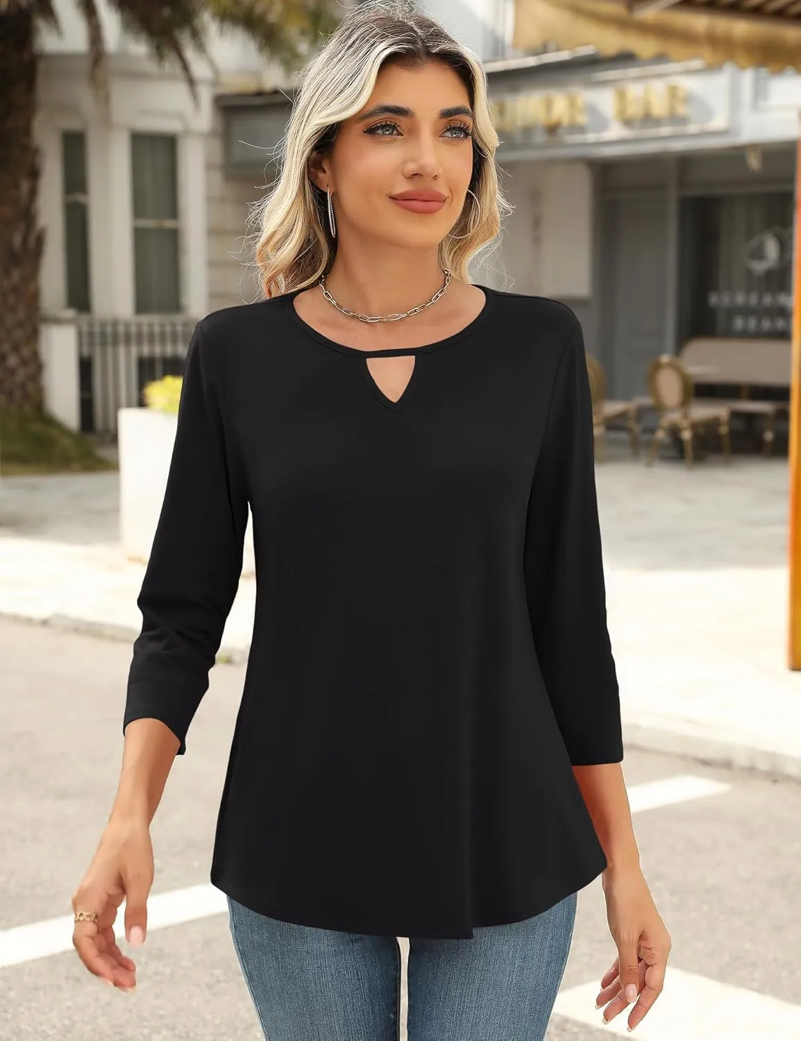 Romanstii 3/4 Length Sleeve Womens Tops Keyhole Crewneck Shirts Business Dressy Casual Tunic Blouses Summer Basic Tees