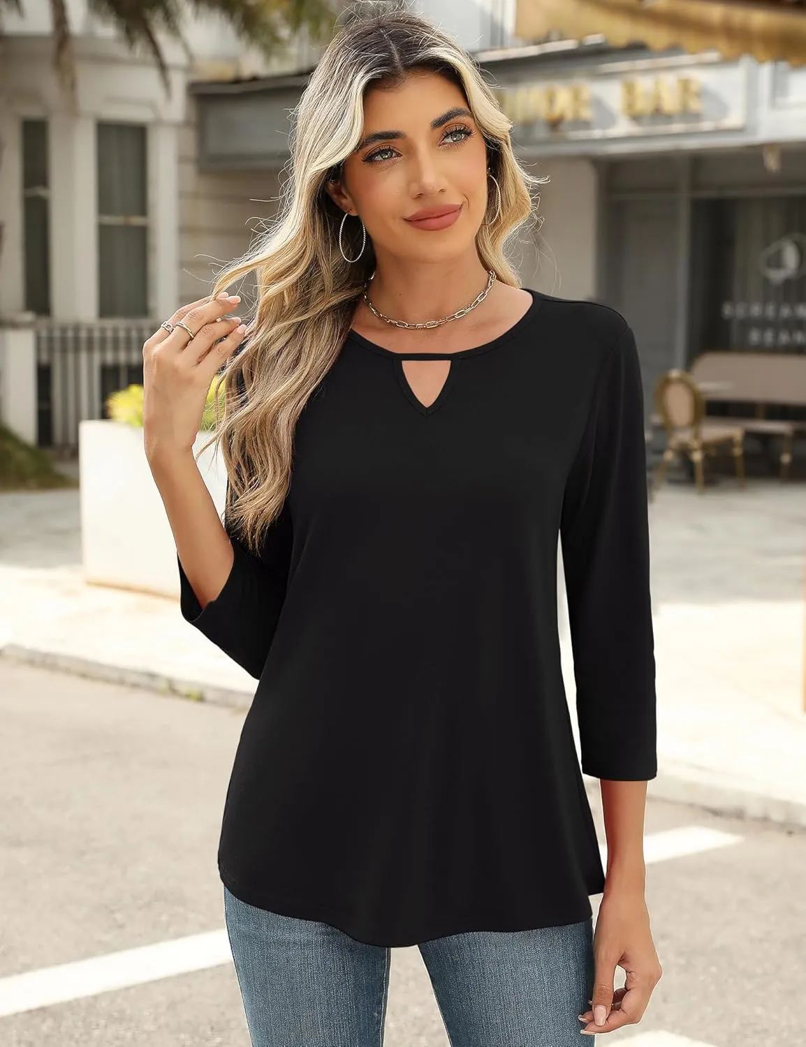Romanstii 3/4 Length Sleeve Womens Tops Keyhole Crewneck Shirts Business Dressy Casual Tunic Blouses Summer Basic Tees