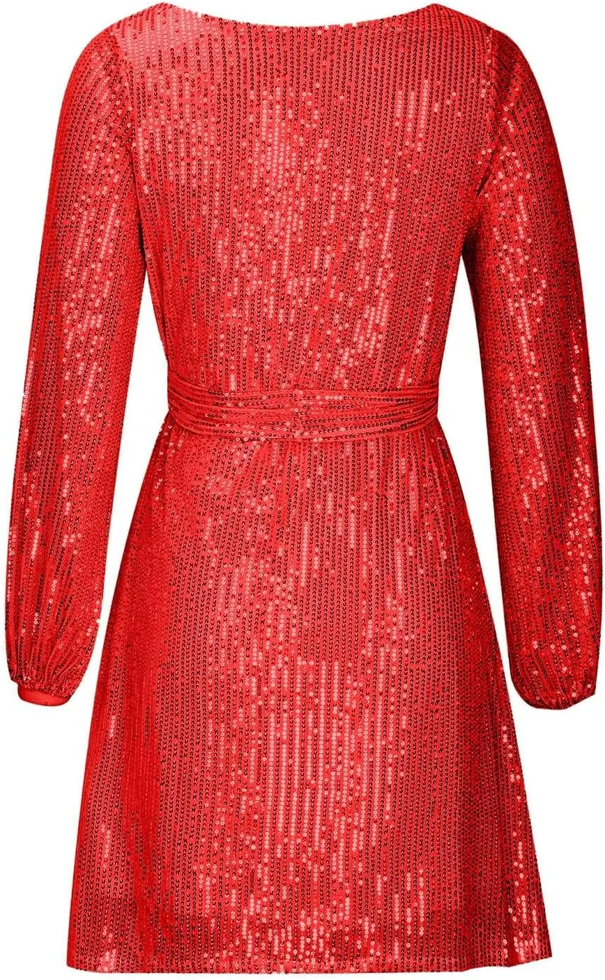 Sequin Dress for Women, Women's Long Sleeve Crewneck Sparkly Glitter Mini Dresses Formal Party Evening Dress with Belt