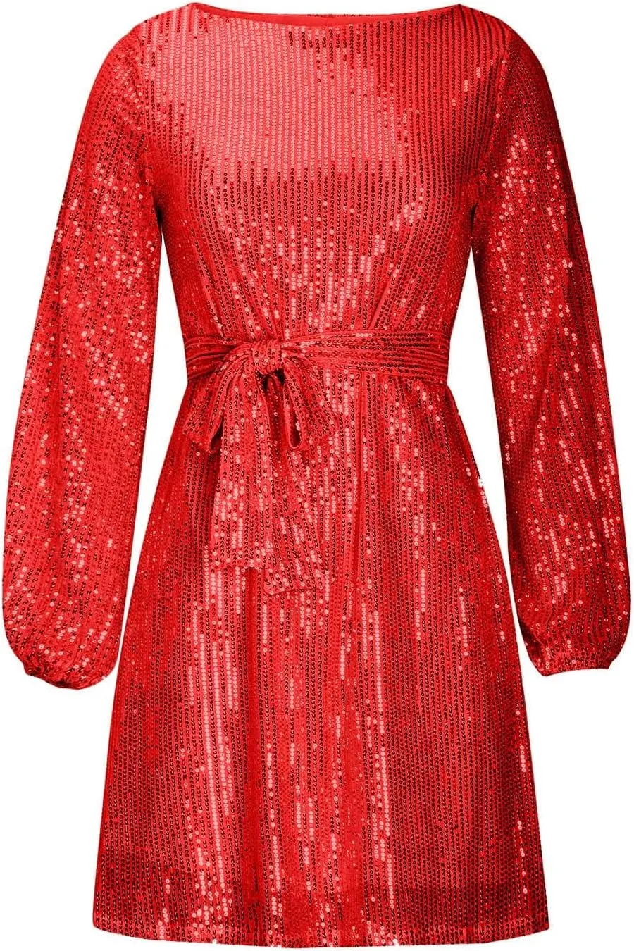 Sequin Dress for Women, Women's Long Sleeve Crewneck Sparkly Glitter Mini Dresses Formal Party Evening Dress with Belt
