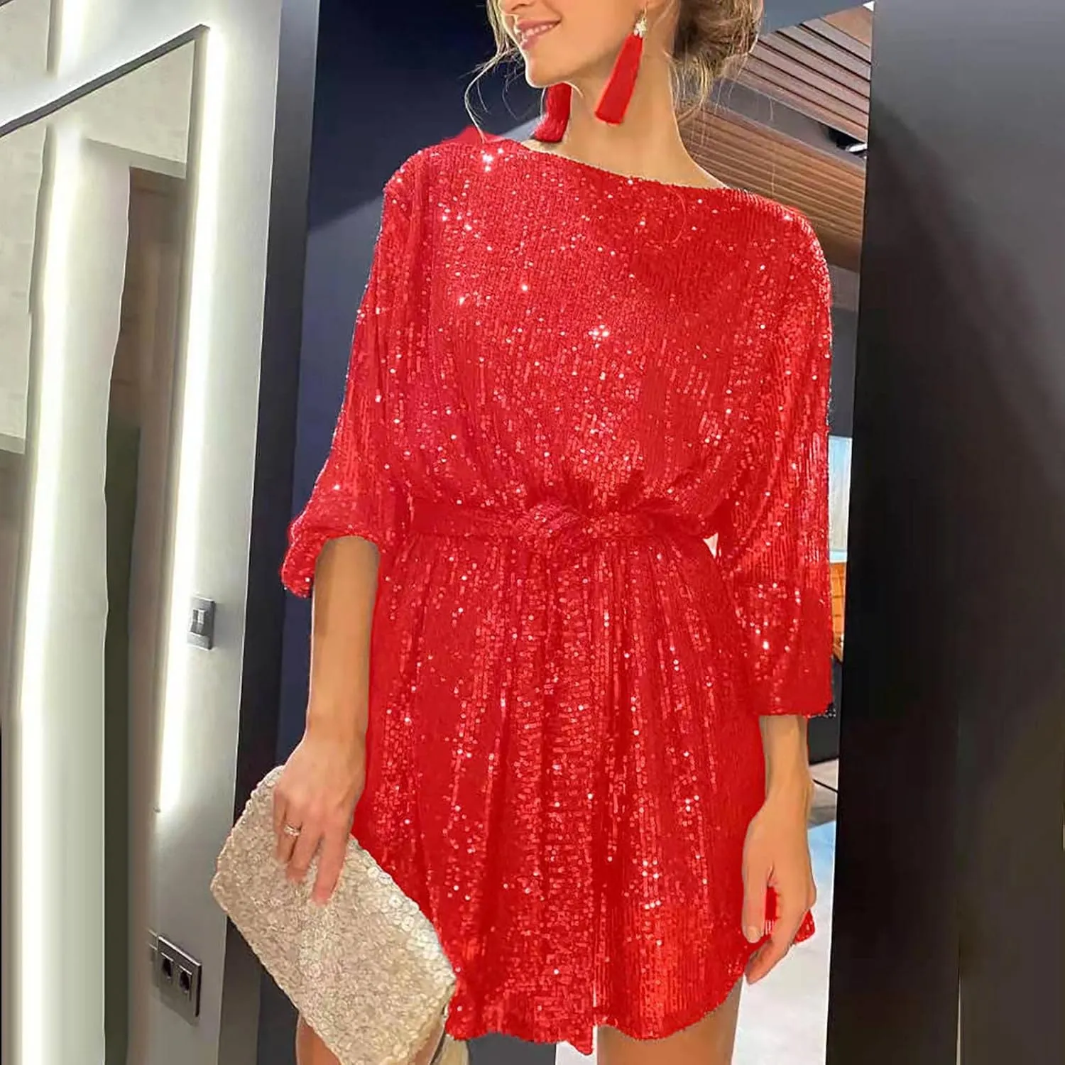 Sequin Dress for Women, Women's Long Sleeve Crewneck Sparkly Glitter Mini Dresses Formal Party Evening Dress with Belt