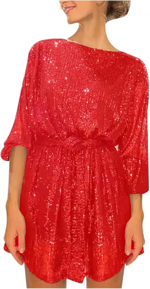 Sequin Dress for Women, Women's Long Sleeve Crewneck Sparkly Glitter Mini Dresses Formal Party Evening Dress with Belt