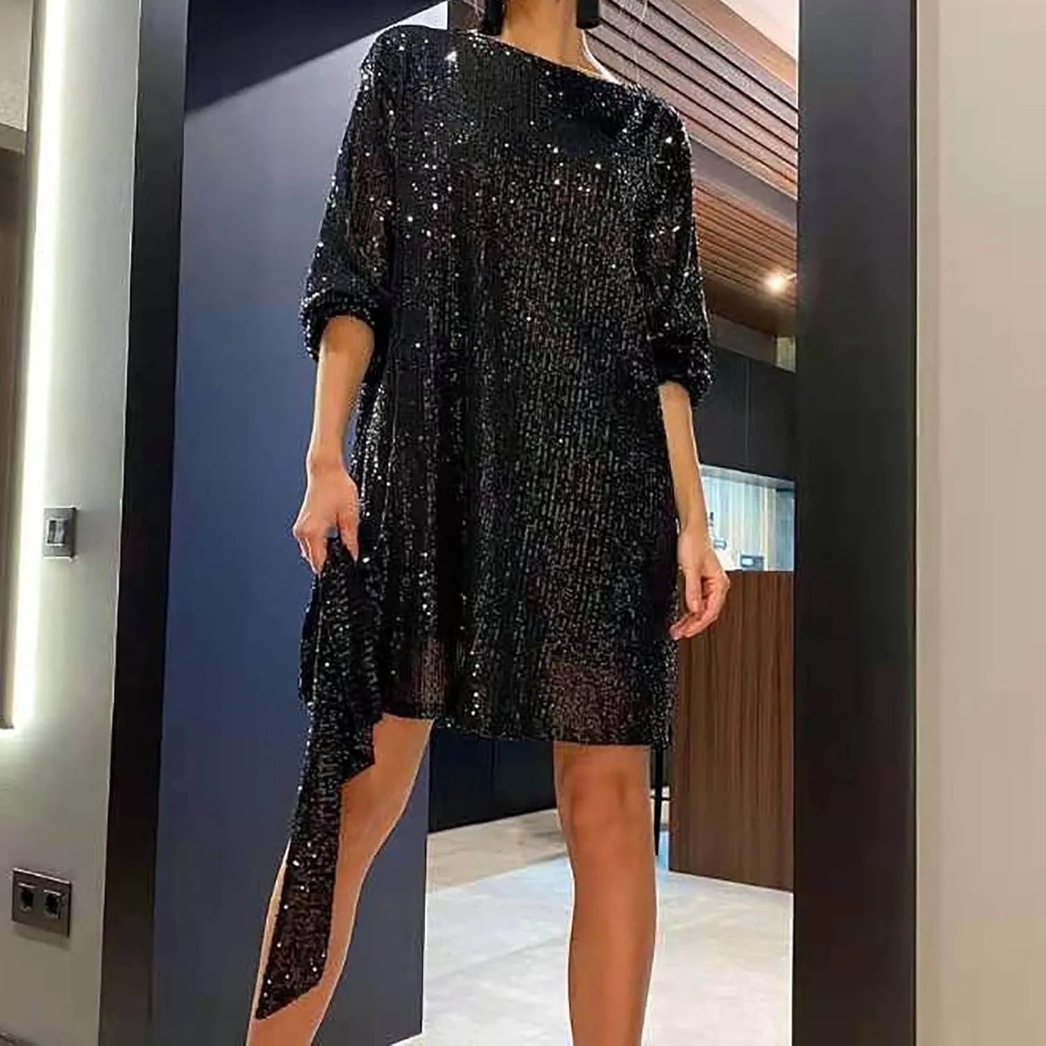 Sequin Dress for Women, Women's Long Sleeve Crewneck Sparkly Glitter Mini Dresses Formal Party Evening Dress with Belt