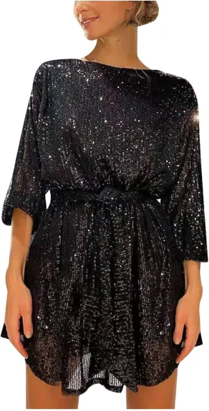 Sequin Dress for Women, Women's Long Sleeve Crewneck Sparkly Glitter Mini Dresses Formal Party Evening Dress with Belt