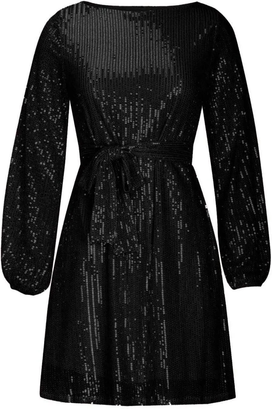 Sequin Dress for Women, Women's Long Sleeve Crewneck Sparkly Glitter Mini Dresses Formal Party Evening Dress with Belt