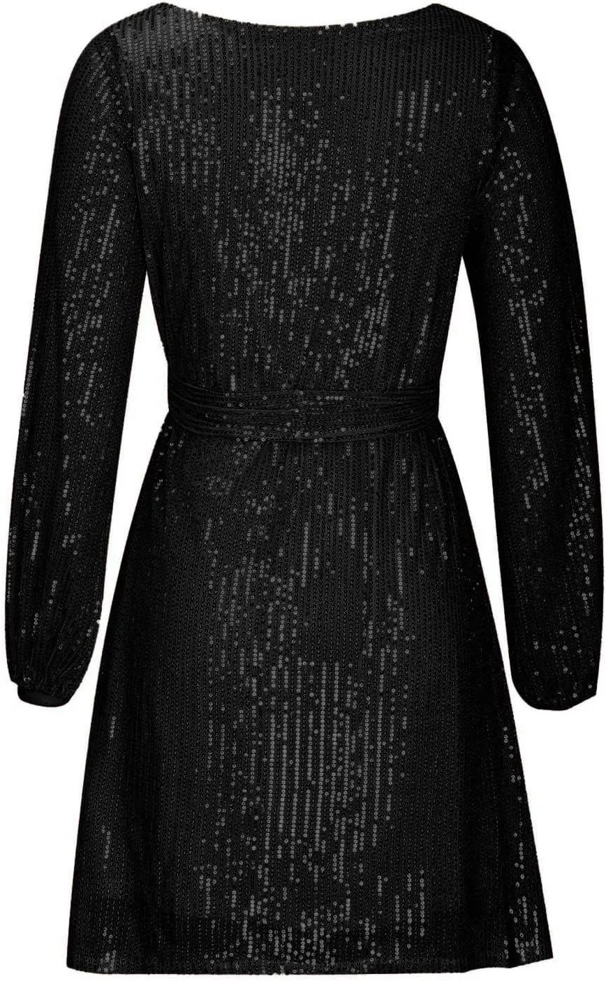 Sequin Dress for Women, Women's Long Sleeve Crewneck Sparkly Glitter Mini Dresses Formal Party Evening Dress with Belt