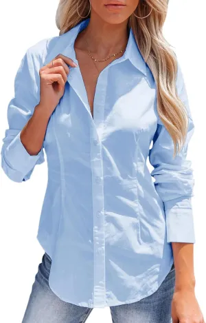 siliteelon Women's Button Down Shirts Long Sleeve Dress Shirts Wrinkle Free Collared Work Office Solid Blouses Corset Tops