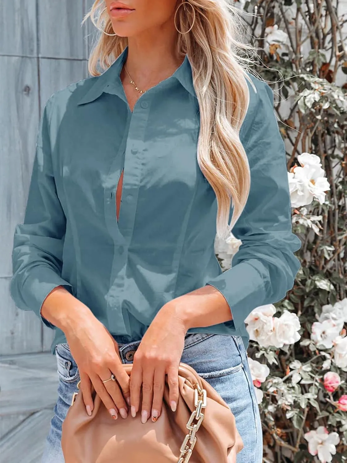 siliteelon Women's Button Down Shirts Long Sleeve Dress Shirts Wrinkle Free Collared Work Office Solid Blouses Corset Tops