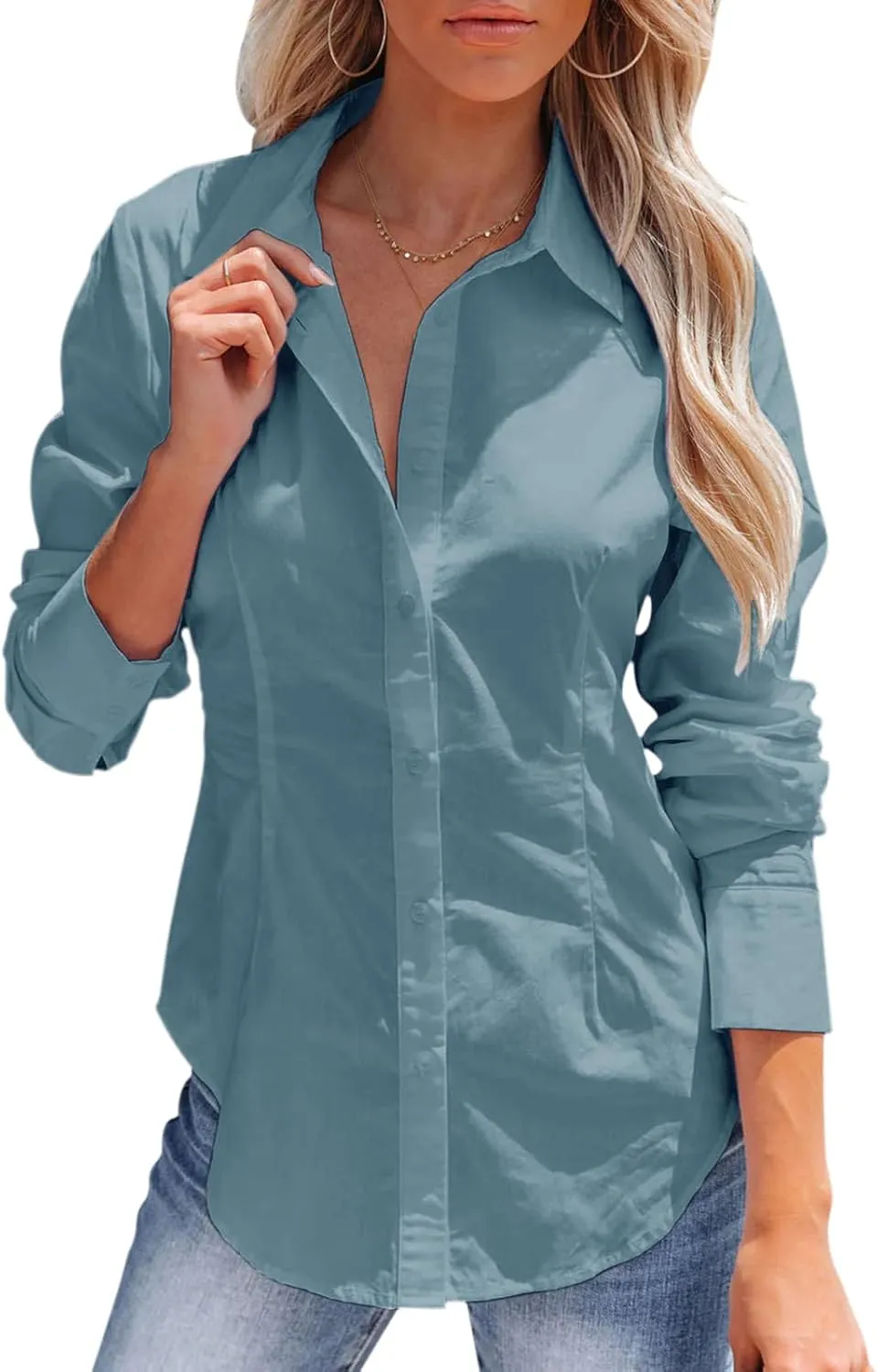 siliteelon Women's Button Down Shirts Long Sleeve Dress Shirts Wrinkle Free Collared Work Office Solid Blouses Corset Tops