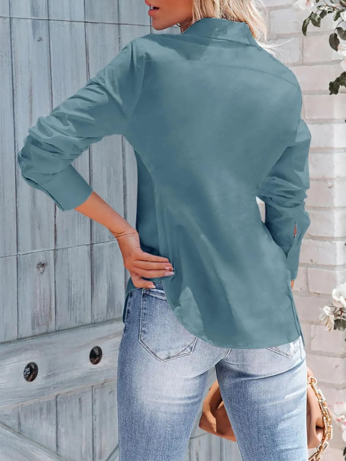 siliteelon Women's Button Down Shirts Long Sleeve Dress Shirts Wrinkle Free Collared Work Office Solid Blouses Corset Tops