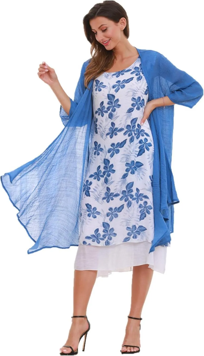 SIMPLY COUTURE Women's Double-Tier Loose Summer Floral Tank Dress Cardigan
