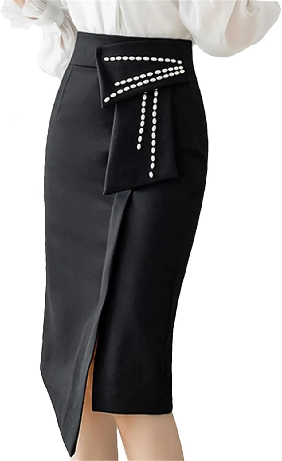 Spring Elegant Beading High Waist Skirts Women Office Lady Wrap Hip Midi Skirt