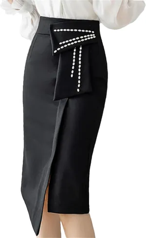 Spring Elegant Beading High Waist Skirts Women Office Lady Wrap Hip Midi Skirt