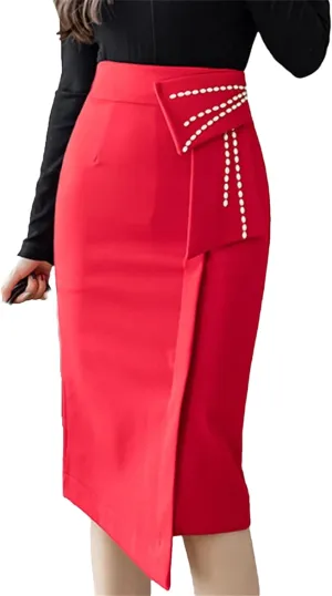 Spring Elegant Beading High Waist Skirts Women Office Lady Wrap Hip Midi Skirt