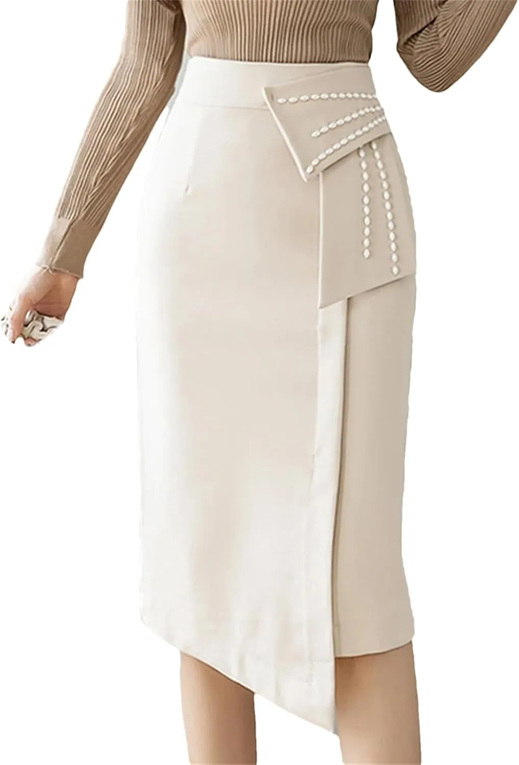 Spring Elegant Beading High Waist Skirts Women Office Lady Wrap Hip Midi Skirt