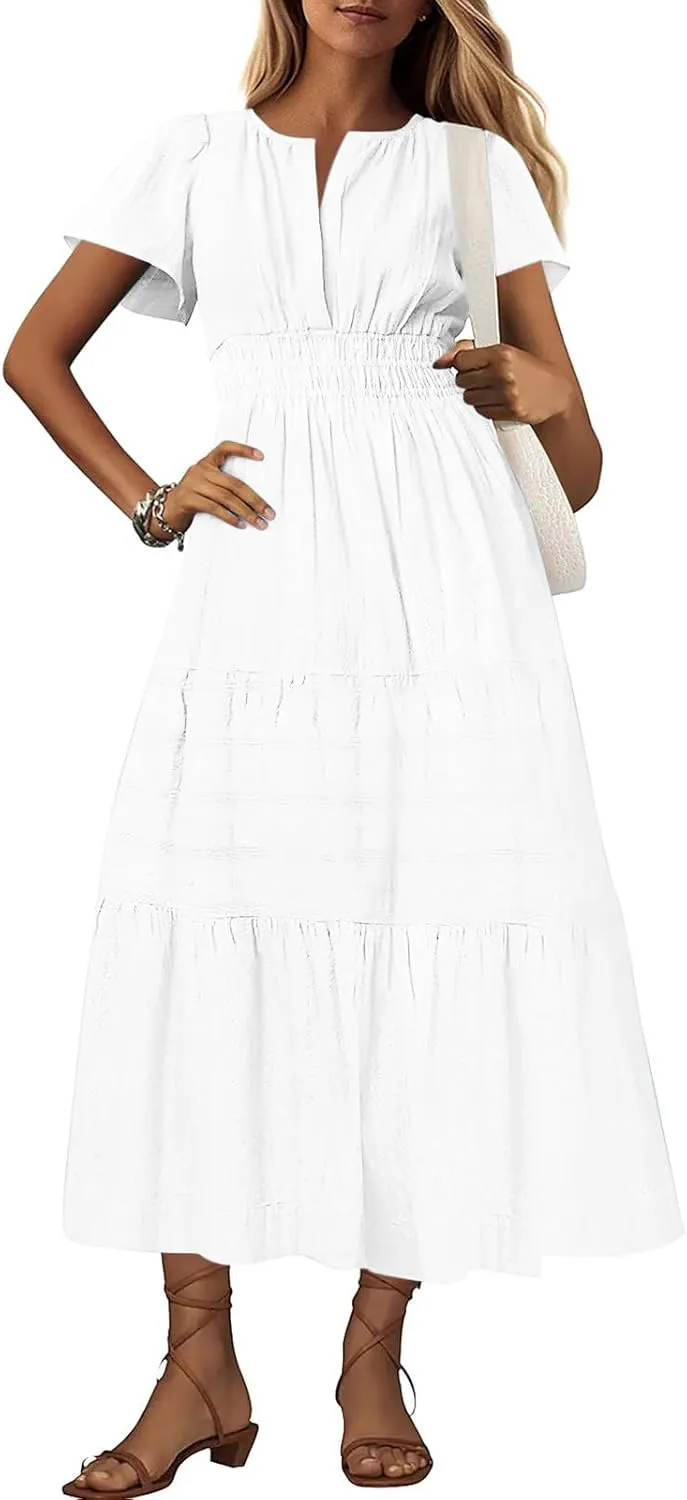Summer Dresses for Women 2025,Lightweight Boho Maxi Dresses Beach Vacation Loose fit Smocked Sun Dresses