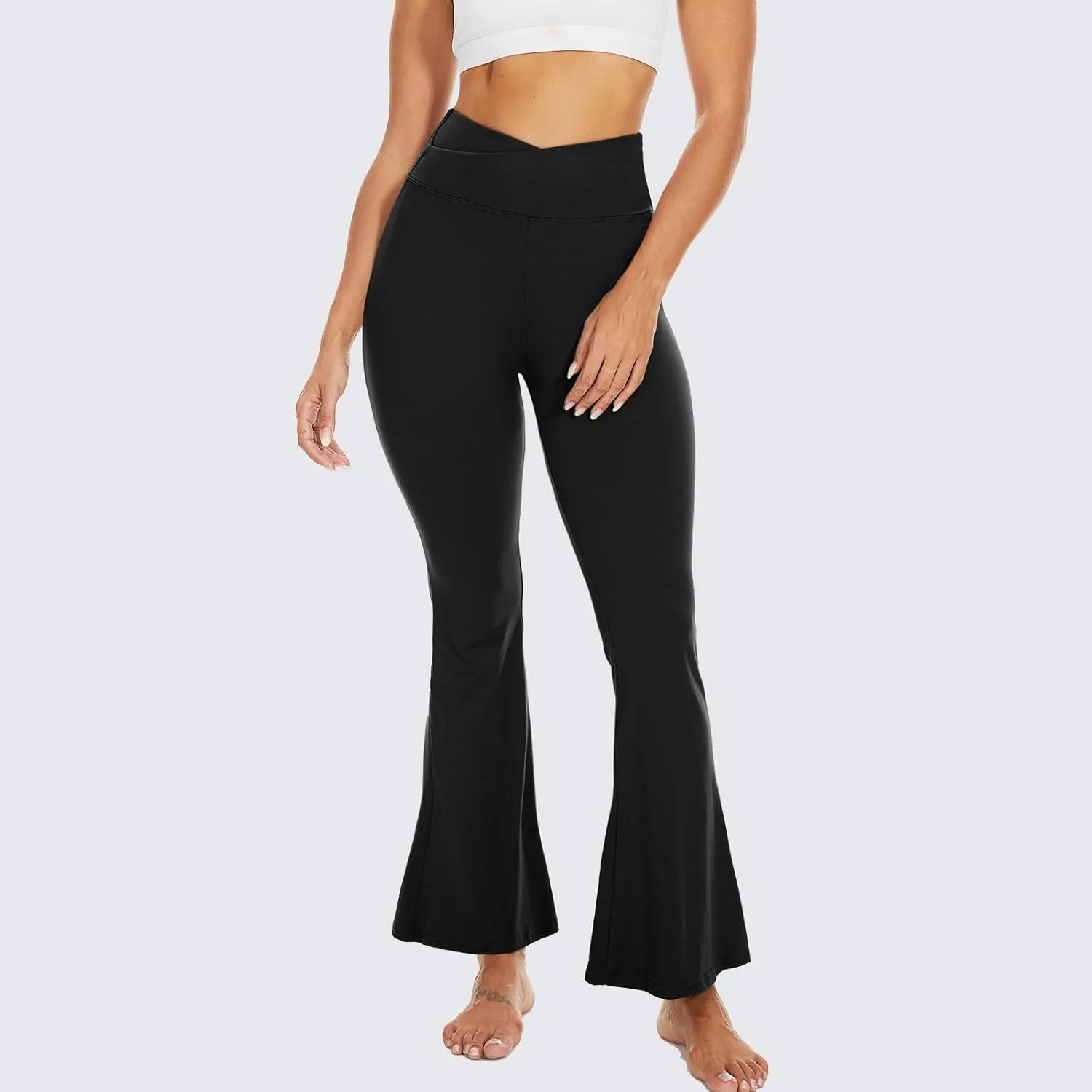 Sundwudu Black Flare Yoga Pants for Women - Soft High Waist Bootcut Leggings Tall & Long Bootleg Pants for Women