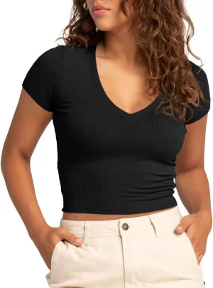 Tankaneo Womens Crop Tops Ribbed V Neck Short Sleeve Summer Basic Tees Slim Fit Y2k Shirts