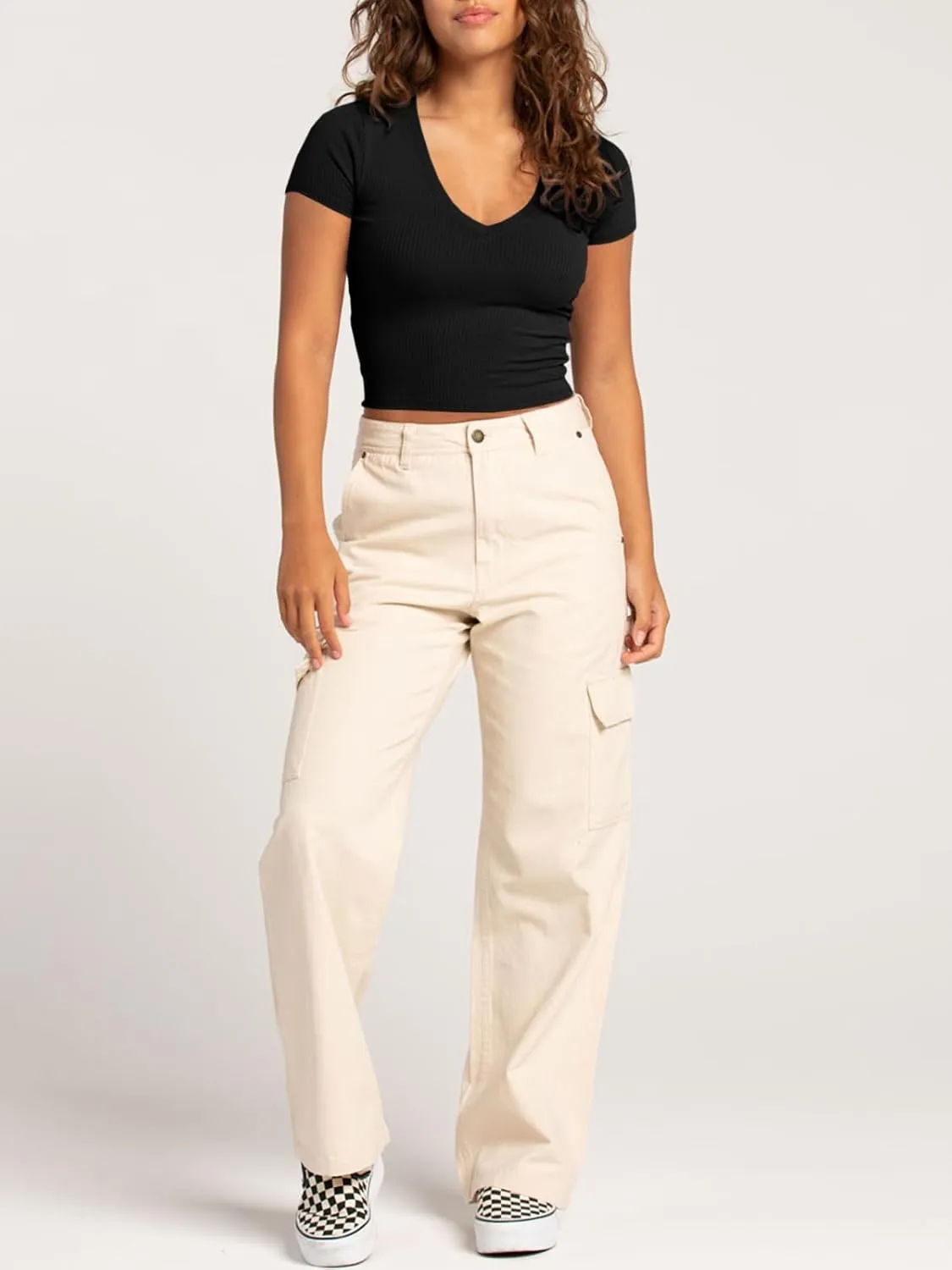 Tankaneo Womens Crop Tops Ribbed V Neck Short Sleeve Summer Basic Tees Slim Fit Y2k Shirts