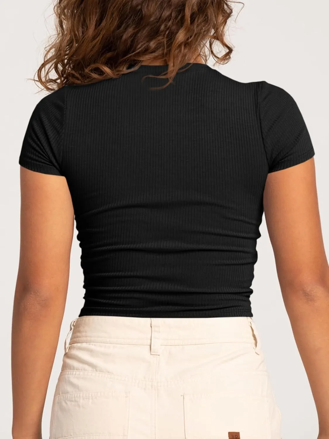 Tankaneo Womens Crop Tops Ribbed V Neck Short Sleeve Summer Basic Tees Slim Fit Y2k Shirts