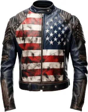 The Next Mens Distressed Inspired by American Flag USA Casual Motorcycle Zipper Coat With USA Flag Genuine Leather Jackets