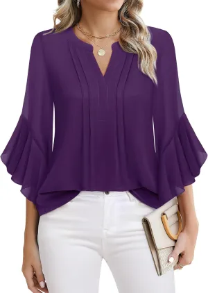 Timeson Women's 3/4 Sleeve Tops Dressy Casual Business Work Blouses Chiffon Office Shirts