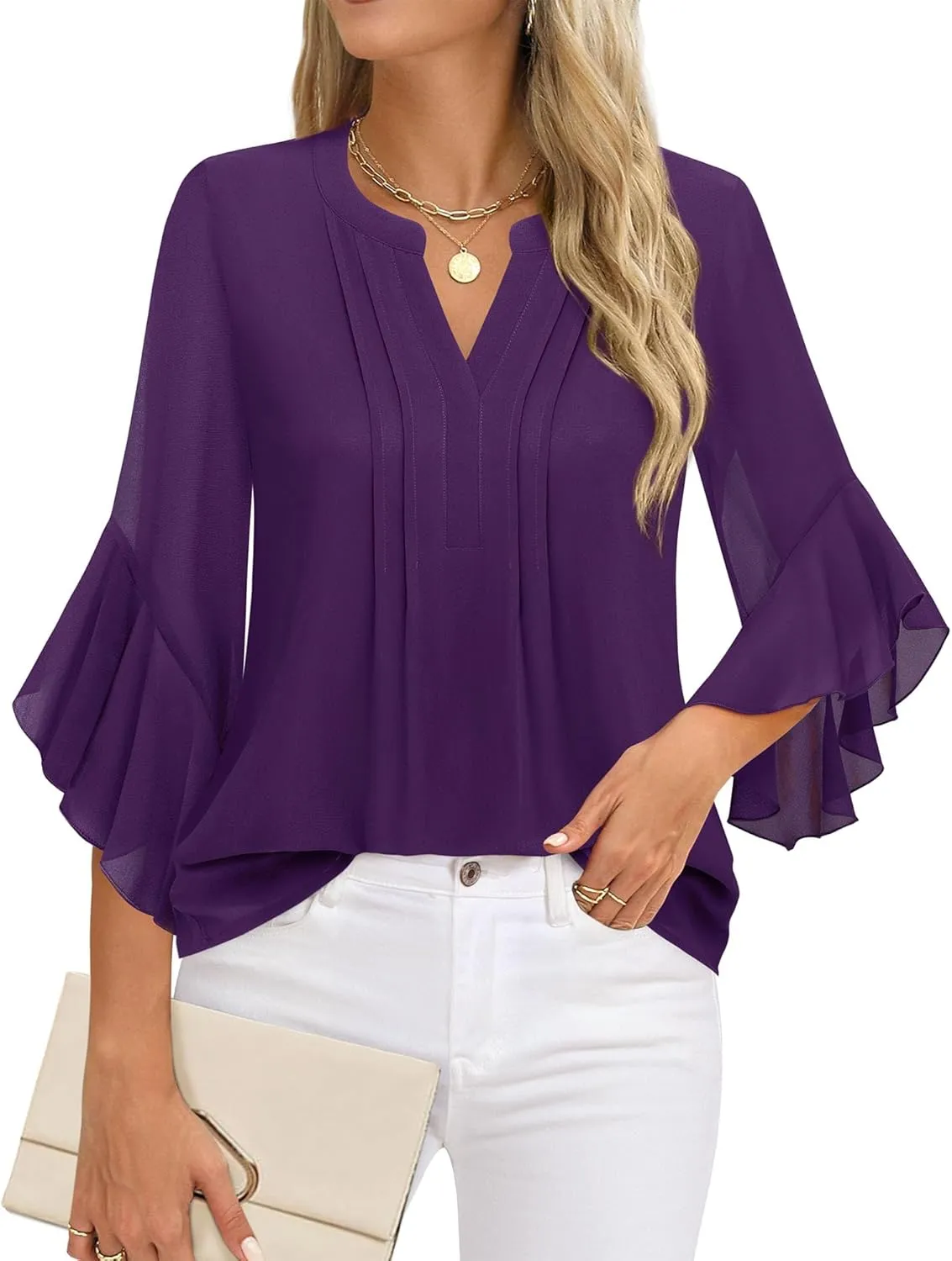 Timeson Women's 3/4 Sleeve Tops Dressy Casual Business Work Blouses Chiffon Office Shirts