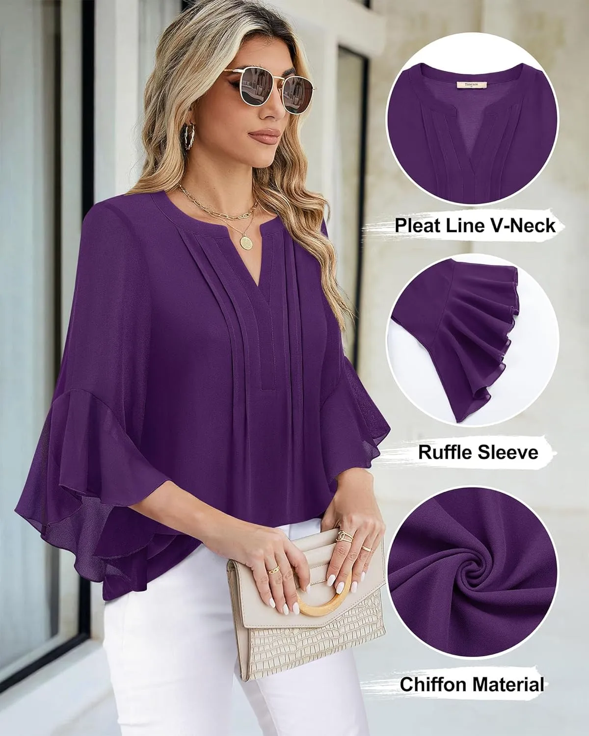 Timeson Women's 3/4 Sleeve Tops Dressy Casual Business Work Blouses Chiffon Office Shirts
