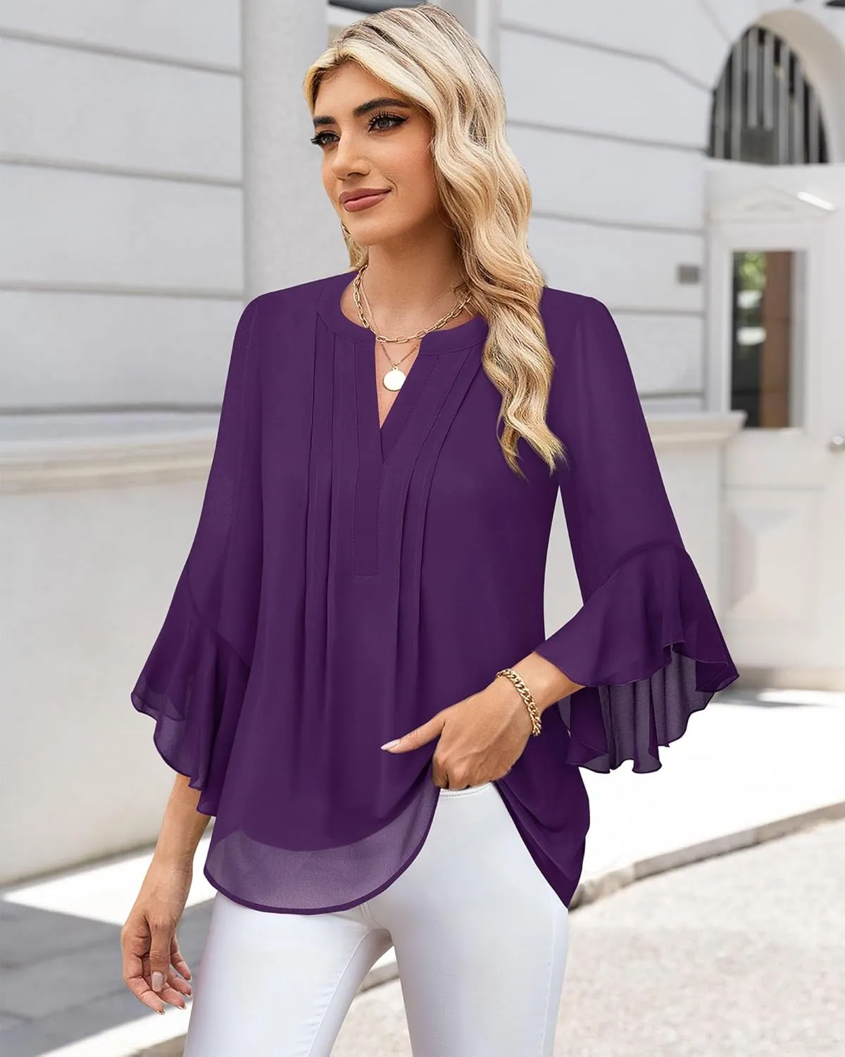 Timeson Women's 3/4 Sleeve Tops Dressy Casual Business Work Blouses Chiffon Office Shirts