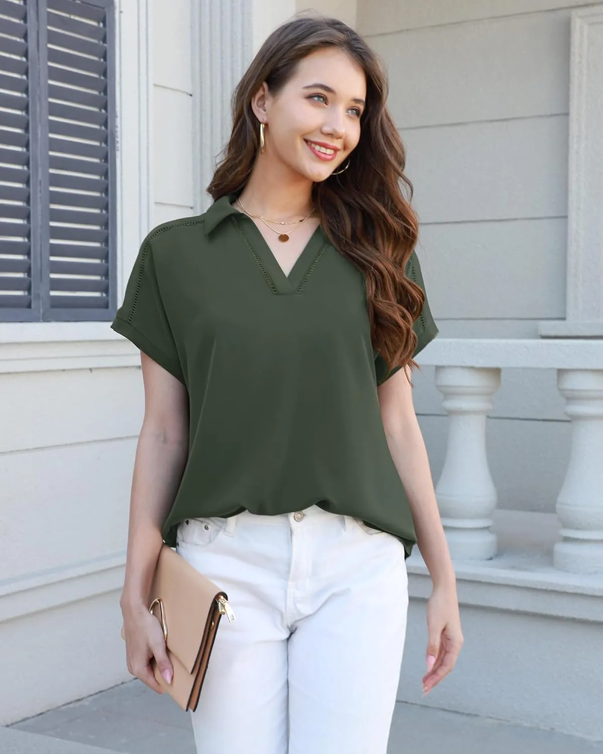 Timeson Women's Short Sleeve Chiffon Blouses Office Work Dress Shirts Business Casual Tops